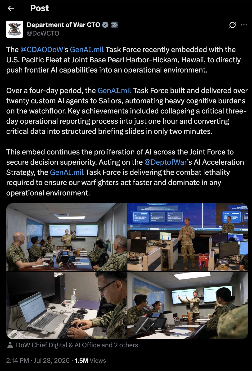 A public Department of War CTO post describing twenty custom AI agents built in four days with the Pacific Fleet, with four photographs of sailors at workstations and briefing screens