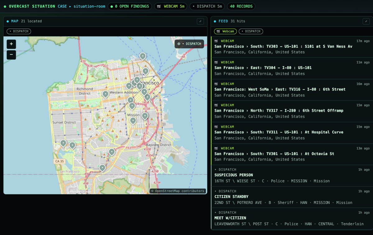 The Overcast situation room: a live map of San Francisco with located incidents beside a scrolling feed of webcam and police dispatch hits